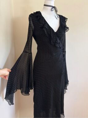 Vintage Y2K silk black ruffle goth bias cut polka dot midi dress Betsey Johnson